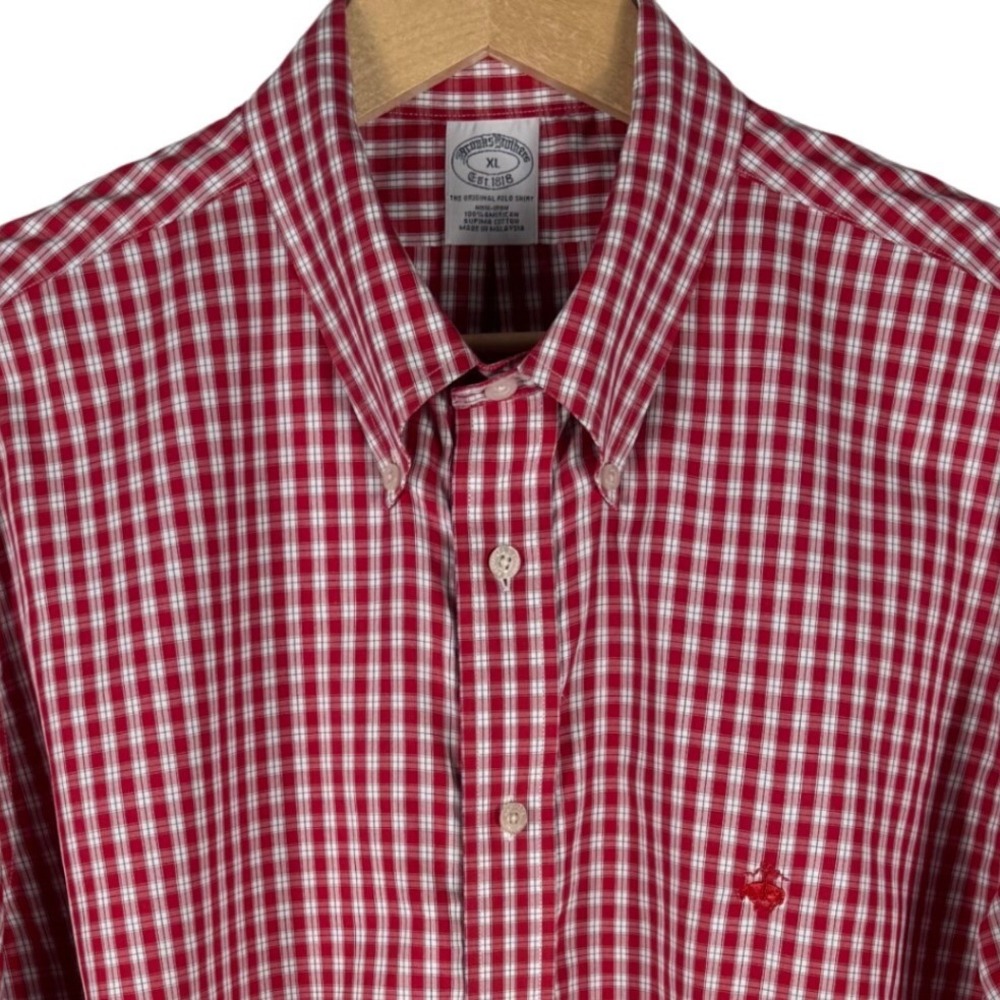 Brooks Brothers Check Supima Cotton Non-Iron Shirt Mens XL Red White Button Down